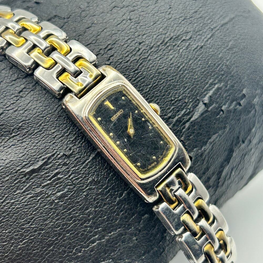 Vintage Seiko Ladies Tank Watch Two-tone Black Dial Working New Battery